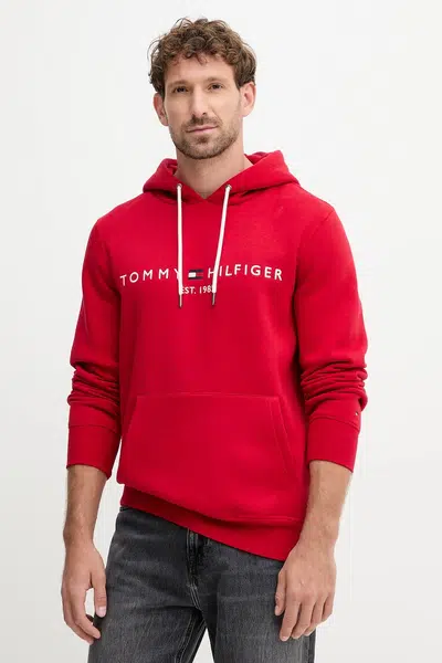 Mikina Tommy Hilfiger šedá farba, s kapucňou, s nášivkou