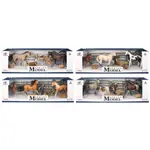 Sada Model Svět zvířat 2 koně, hříbě a figurka - tmavě hnědý a šedý s pytlem sena