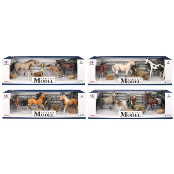 Sada Model Svět zvířat 2 koně, hříbě a figurka - světle hnědí s korytem