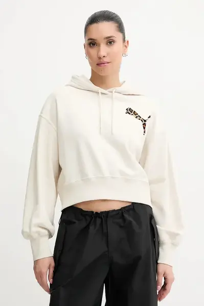 Mikina Puma dámská, béžová barva, s kapucí, s aplikací, 632338