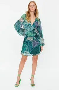 Trendyol Green Ethnic Patterned A-Line Collar Tied Mini Lined Chiffon Woven Dress