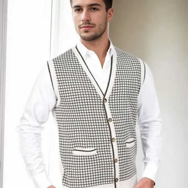 37376 Dewberry Houndstooth Patterned Mens Knit Vest-STONE
