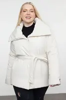 Trendyol Curve Ecru Regular Fit Wide Collar Waist Tie Detailed Coat