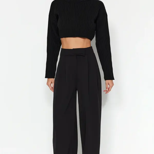 Trendyol Black Velcro pásek s vysokým pasem skládané široké pletené kalhoty
