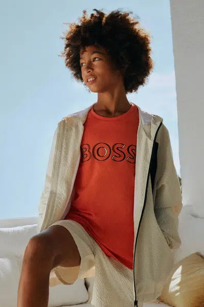 Dětské bavlněné tričko BOSS oranžová barva, s potiskem, J52034