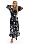 502-1 Pleated midi dress with a neckline, long sleeves and a tie at the waist - black with pink flowers