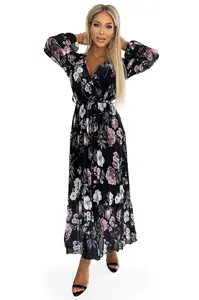 502-1 Pleated midi dress with a neckline, long sleeves and a tie at the waist - black with pink flowers