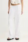 Lněné kalhoty Abercrombie & Fitch dámské, bílá barva, široké, high waist, KI156-5153
