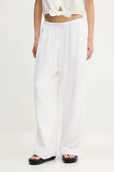 Lněné kalhoty Abercrombie & Fitch dámské, bílá barva, široké, high waist, KI156-5153