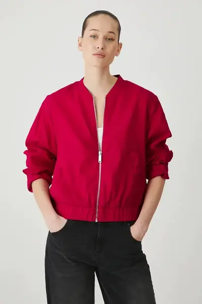 Lněná bunda Medicine dámská, červená barva, přechodná, oversize