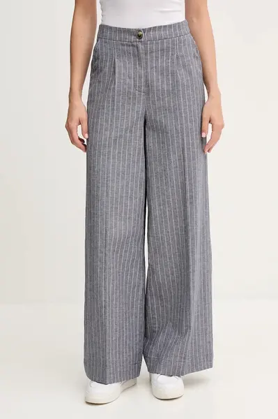 Kalhoty s příměsí lnu United Colors of Benetton dámské, tmavomodrá barva, široké, high waist, 49KBDF091