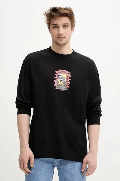 Bavlněné tričko s dlouhým rukávem Vans černá barva, s potiskem, VN000M6WBLK1