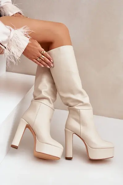 FS1 Kozačky Na Podpatku A Platformě Z Eko Kůže Světle Béžové Felilorn