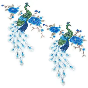 2Pcs Flower and Peacock Pattern Polyester Fabric Computerized Embroidery Cloth Sew on Appliques