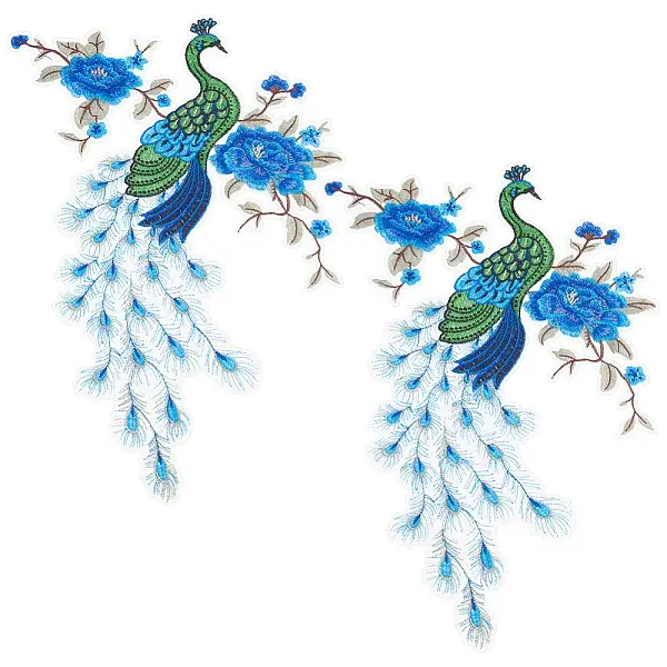 2Pcs Flower and Peacock Pattern Polyester Fabric Computerized Embroidery Cloth Sew on Appliques