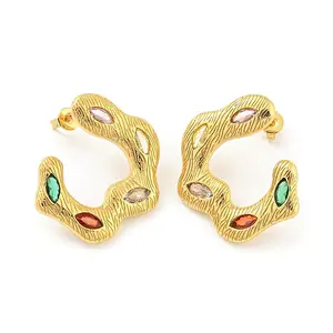 Rack Plating Brass Stud Earrings. with Colorful Cubic Zirconia