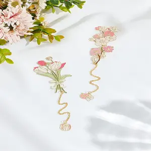 2Pcs 2 Styles Brass & Iron Enamel Flower Bookmarks with Chain