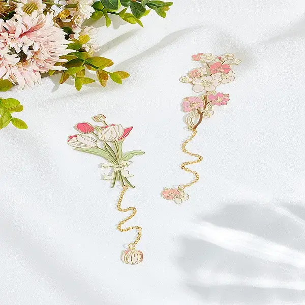 2Pcs 2 Styles Brass & Iron Enamel Flower Bookmarks with Chain