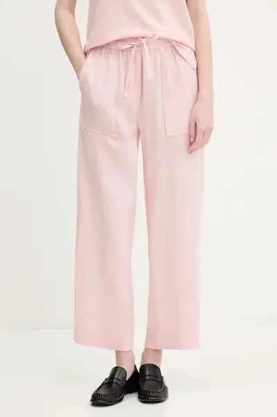 Lněné kalhoty United Colors of Benetton dámské, růžová barva, high waist, 4AGHDF08J