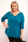 Kesi Dámska bavlnená blúzka Plus Size s V výstrihom a vyhrnutým rukávom morská