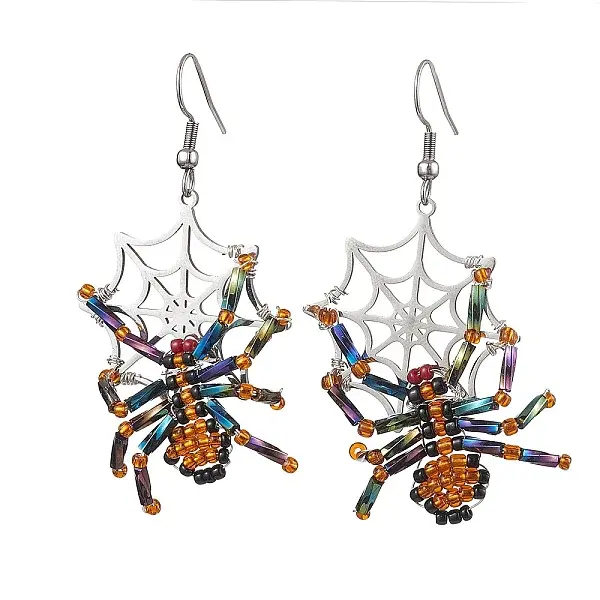 Halloween Braided Glass Seed Beads & 201 Stainless Steel Dangle Earrings