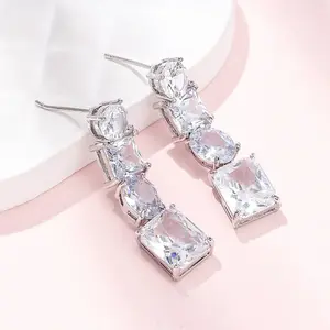 Rectangle Brass Micro Pave Cubic Zirconia Dangle Stud Earrings