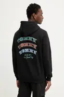 Bavlněná mikina Tommy Jeans pánská, černá barva, s kapucí, s potiskem, DM0DM22365