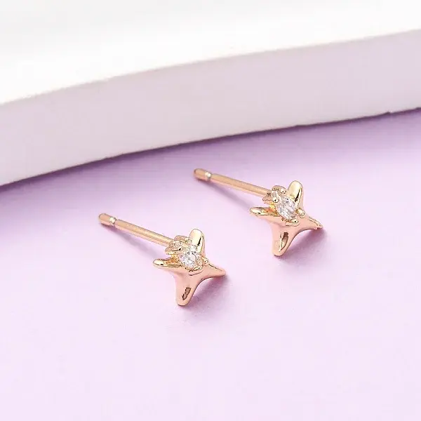 Brass Micro Pave Clear Cubic Zirconia Star Stud Earrings