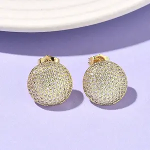 Flat Round Brass Micro Pave Clear Cubic Zirconia Stud Earrings