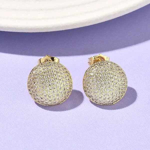 Flat Round Brass Micro Pave Clear Cubic Zirconia Stud Earrings