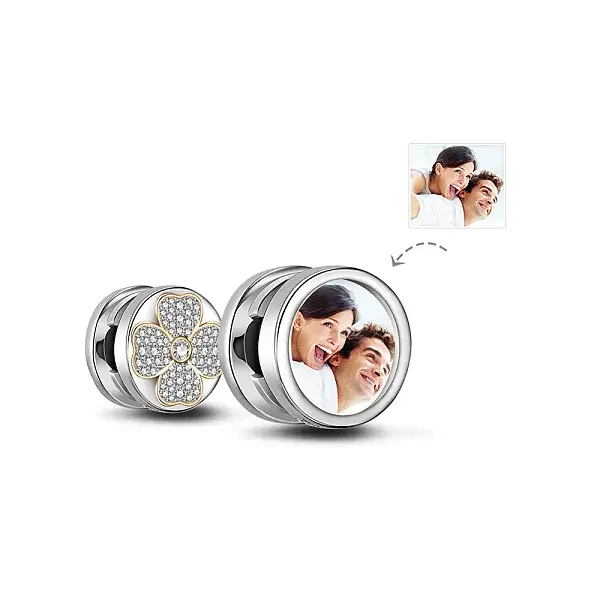 Rhodium Plated 925 Sterling Silver Personalized Dual Four Leaf Clover Cubic Zirconia European Beads