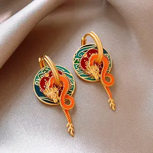 Dragon & Flat Round & Flower Brass Enamel Hoop Earrings
