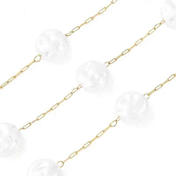 304 Stainless Steel & ABS Plastic Pearl Flat Round Bead Cable Chains