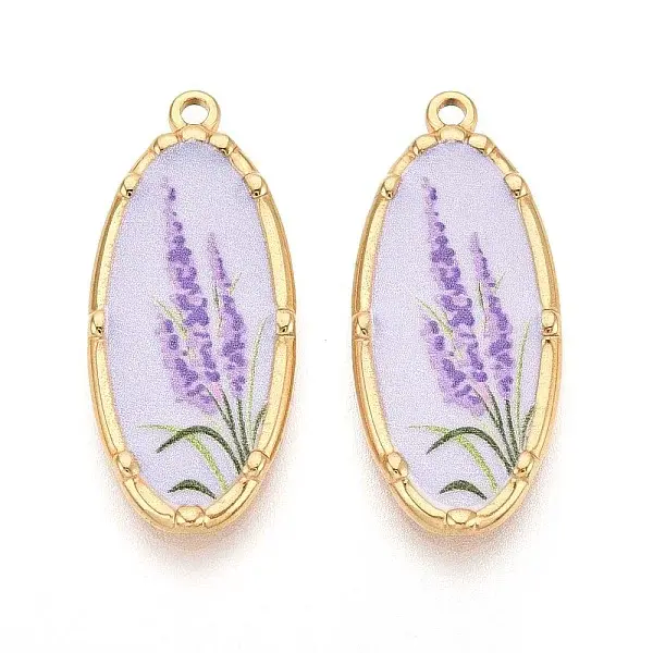 Printed Style 304 Stainless Steel Oval with Flower Pattern Pendants