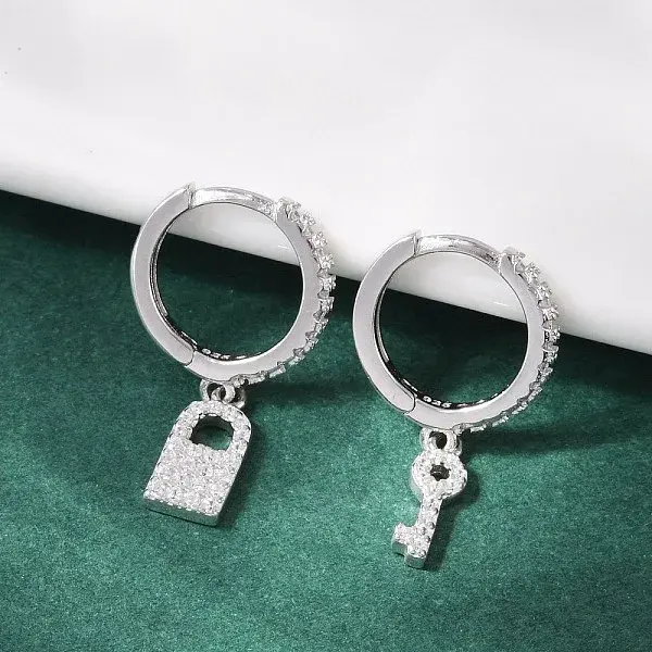 Lock & Key 925 Sterling Silver Micro Pave Clear Cubic Zirconia Hoop Earrings for Women