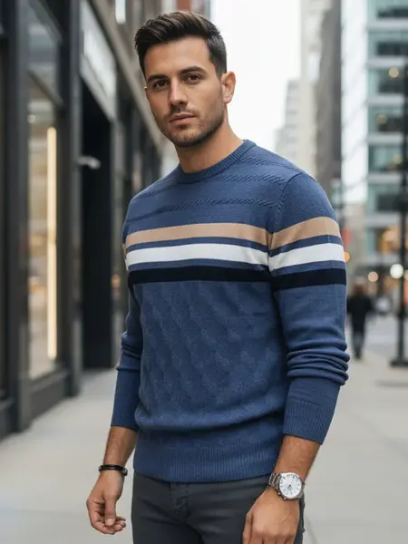 Pánský modrý svetr s pruhy