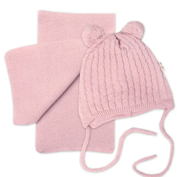 Baby Nellys Zimní čepice na zavazování s bambulky + šál, pudrově růžová vel.  74/80