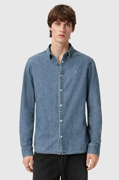 Džínová košile AllSaints GLEASON LS SHIRT pánská, šedá barva, regular, s klasickým límcem, M165SB