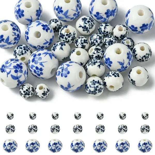 30Pcs 3 Styles Handmade Printed Porcelain Beads