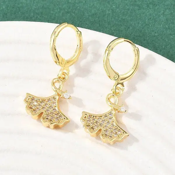 Leaf Brass Micro Pave Clear Cubic Zirconia Hoop Earrings