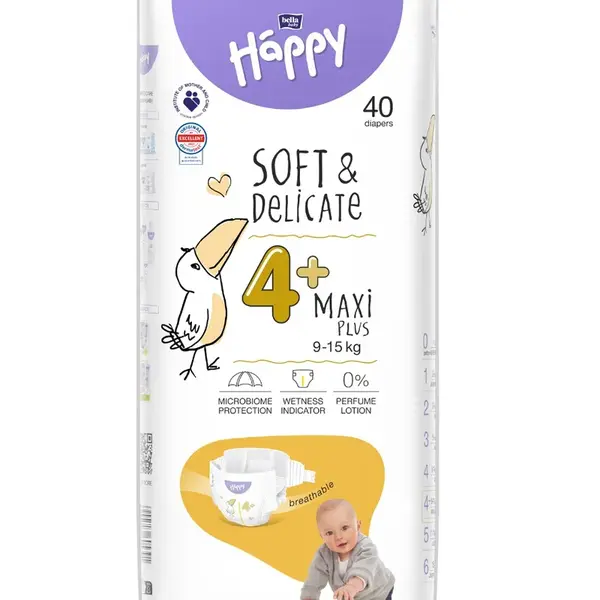 Bella Baby Happy Soft&Delicate 4+ Maxi Plus 9–15 kg dětské pleny 40 ks
