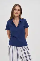 Marisse Navy Blue Cotton Blouse With A Collar