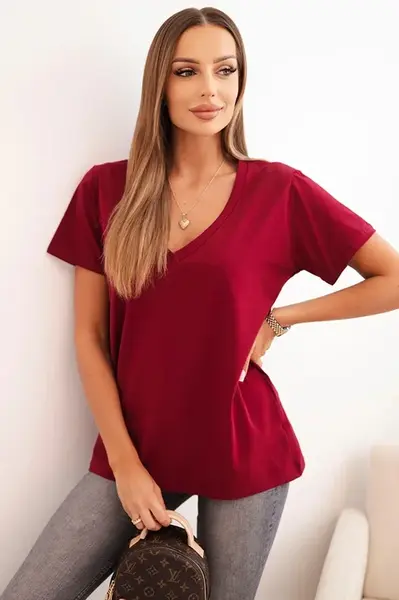 Polski Dámska bavlnená blúzka s výstrihom do V a krátkym rukávom bordová