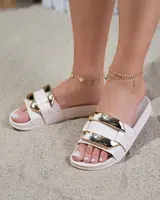 Resti Women's beige slippers with golden Serina ornament - Footwear