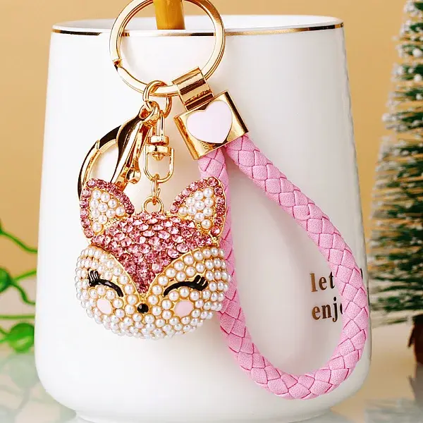 Full Rhinestone Pearl Fox Head Pendant Keychain