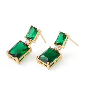 Real 18K Gold Plated Cubic Zirconia Rectangle Dangle Stud Earrings