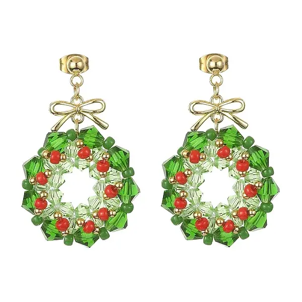 Glass Christmas Wreath Dangle Stud Earrings