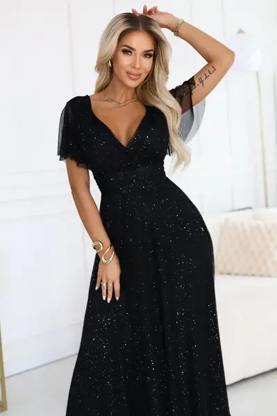 635-2 MELANIA long, shiny dress with a neckline and short sleeves - black
