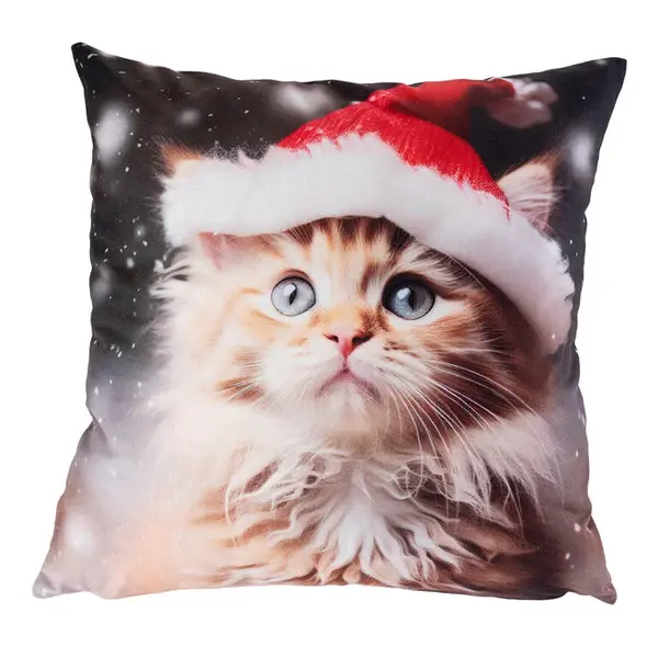 Povlak na polštářek KOTĚ S VÁNOČNÍ ČEPICÍ 40 x 40 cm