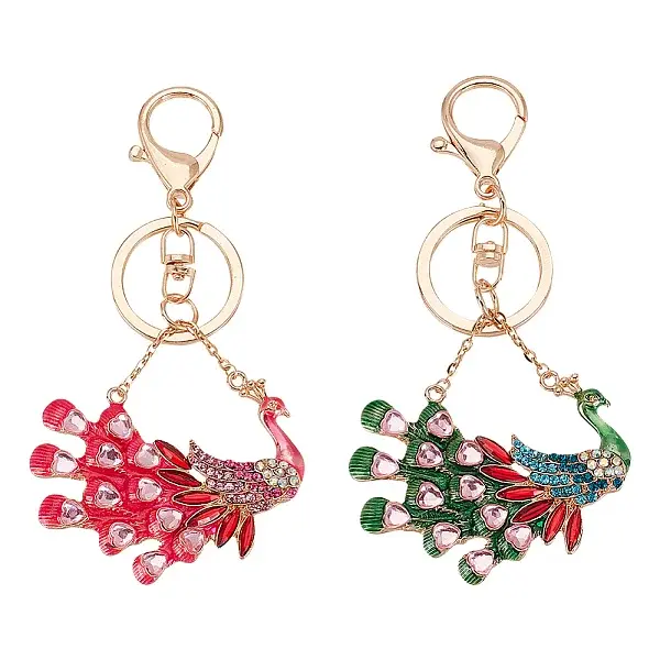 2Pcs 2 Colors Peacock Enamel Style Alloy Rhinestone Keychains